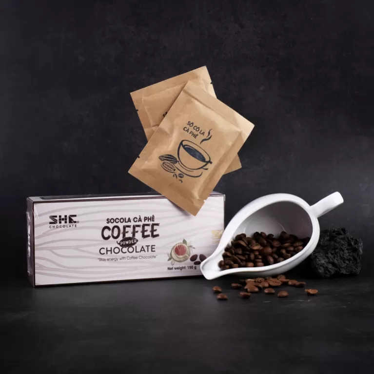 coffee chocolate powder, box of 10 packs, rich flavor of coffee and chocolate, helps enhance alertness, convenient box of 10 packets