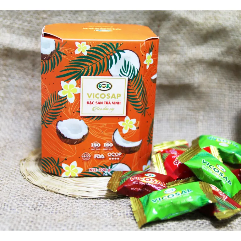 three flavors, macapuno coconut candy, soft and sweet candy, natural ingredients, gift for grandparents, served with hot tea