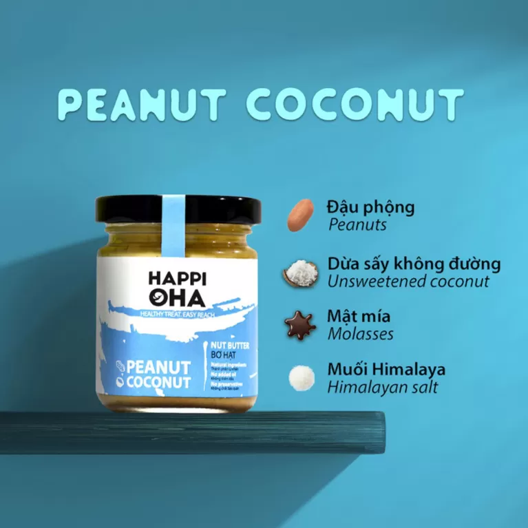 peanut coconut butter - bơ đậu phộng dừa happi oha, bơ đậu phộng ăn kiêng, bơ lạc không đường, bơ đậu phộng nguyên chất, thực phẩm chay