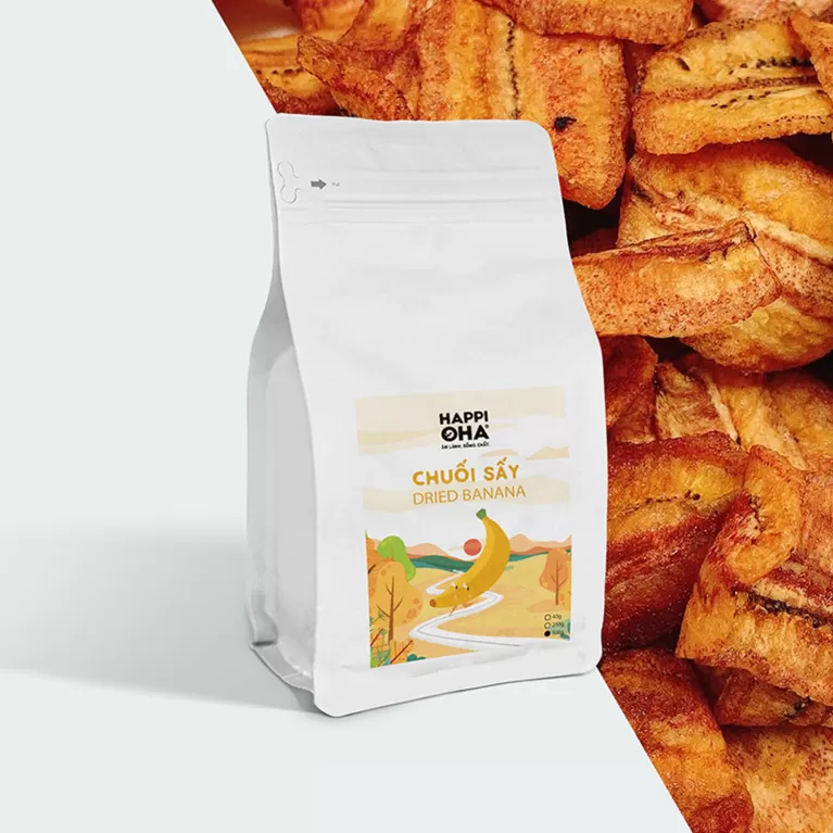 crunchy banana chips - chuối sấy không đường happi oha, chuối sấy giòn, chuối sấy mix sữa chua, đồ ăn vặt giảm cân