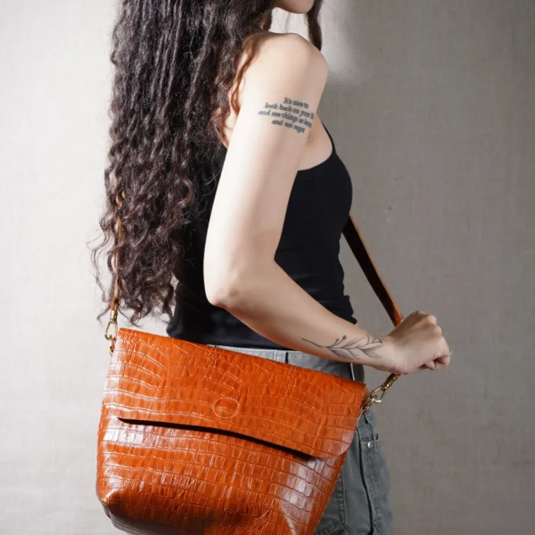 coffee brown leather crossbody bag, crafted from premium full grain leather, large bag design, delicate style