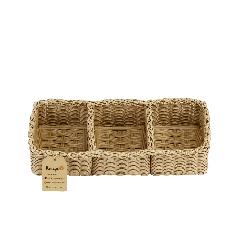 beige 3-compartment tank tray, neatly organizes items, cute decorative piece, made from recycled materials