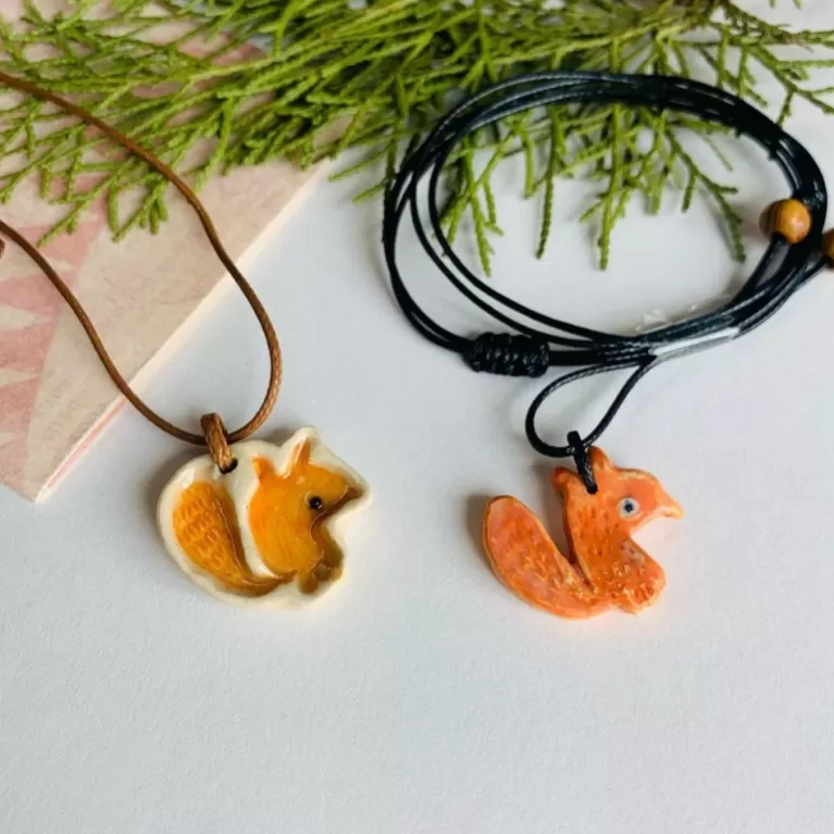 lovely squirrel ceramic necklace, handmade ceramic accessory, prominent accent for outfits, perfect gift for friends and family