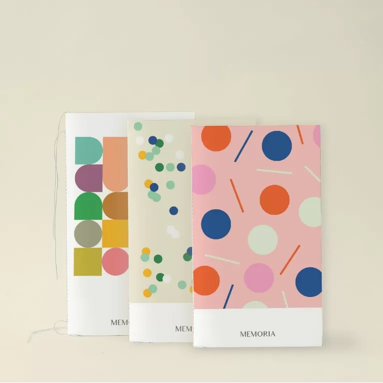 memoria a5 handbook, vivid geometric patterns, strong hand-sewing, unique colors, high quality notebook