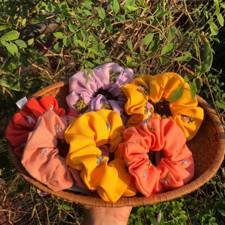 embroidered linen scrunchies, warm color, fabric hair tie, soft linen material, cute flower patterns, fairy-like hair accessory