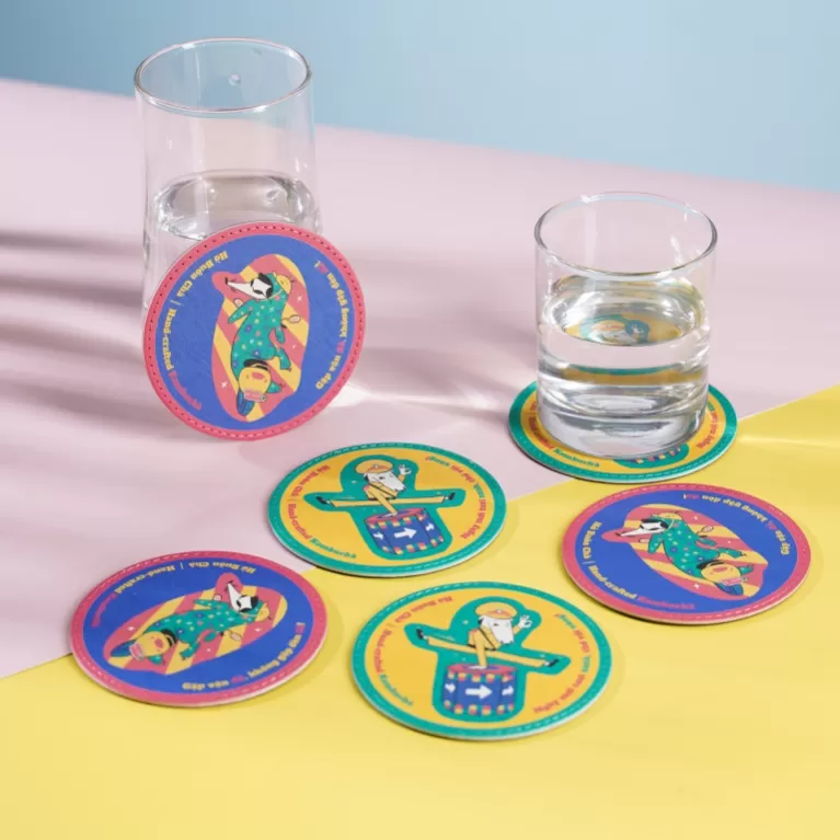 set of 6 coasters (3 checkpoint checked & 3 ninja lead), exclusive design, machine washable material, water absorption capability, reusable