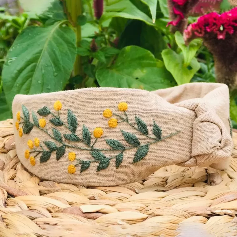 hand embroidered linen headband, featuring a gentle and rustic beauty, floral patterns, a gift for feminine ladies