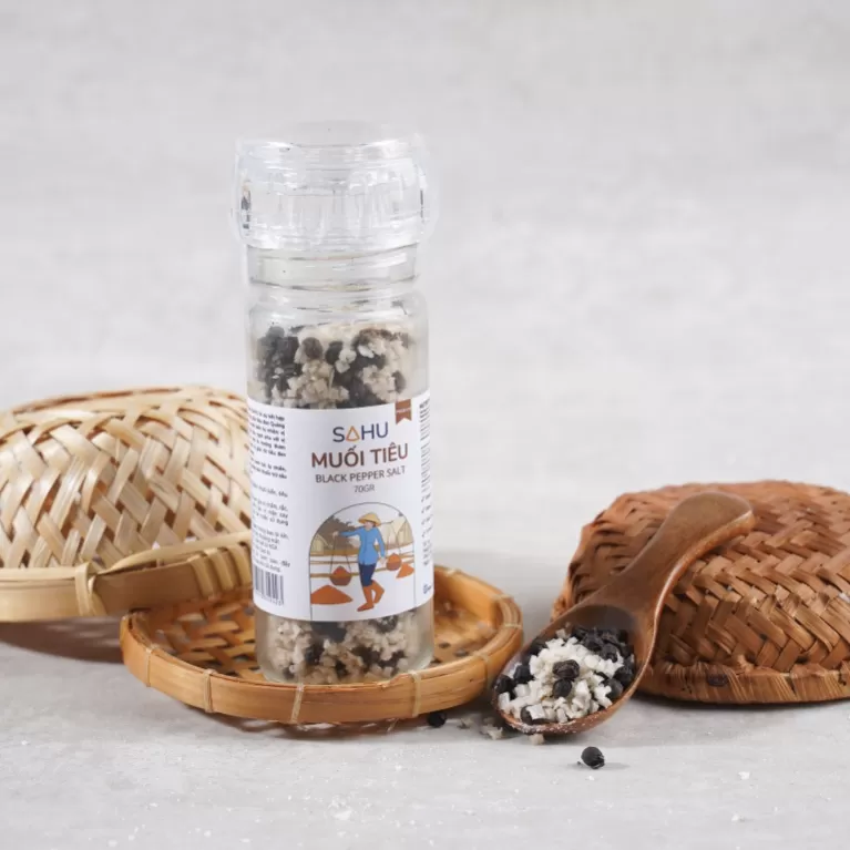 premium pepper salt with grinder, black pepper salt from quang nam, salt without additives, dipping salt for seafood