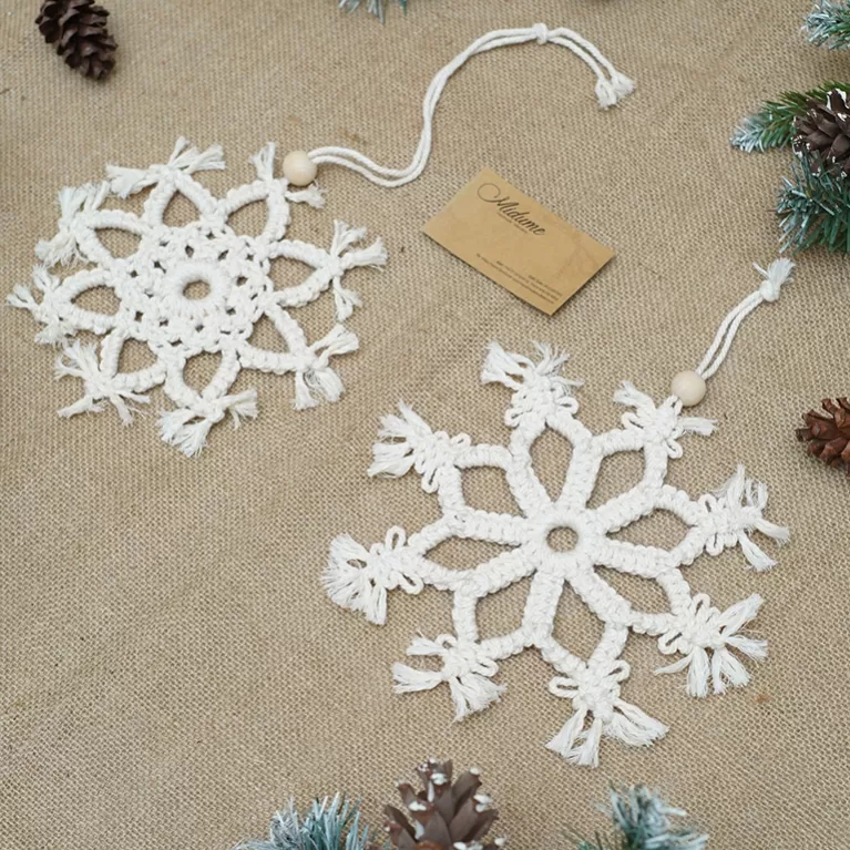 set 2 bông tuyết macrame, chất liệu sợi cotton tự nhiên, không bị ố màu, phụ kiện trang trí, sản phẩm thủ công