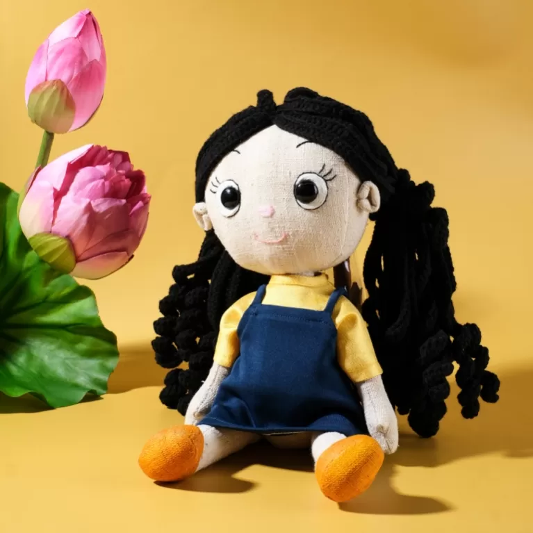 hana in blue overall fabric doll, soft fabric material, handmade product, toy for children, blue overalls pattern with yellow top