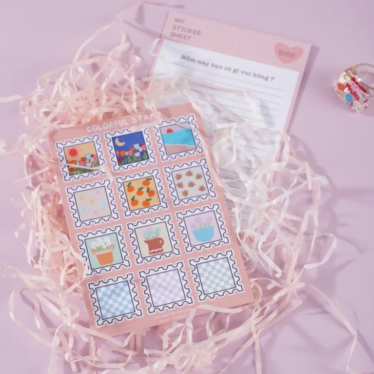 colorful stamp sticker sheet, decorative stickers, various colors, adds elegance to objects, waterproof stickers