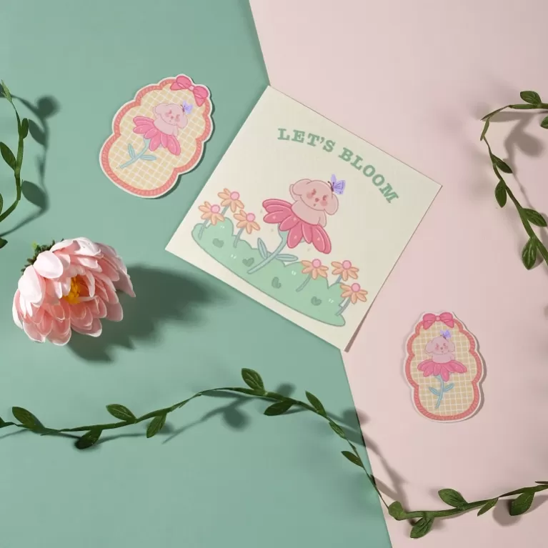 beechoo postcard and die cut sticker, cute design, premium paper material, high durability, multi-purpose sticker, phone decoration sticker
