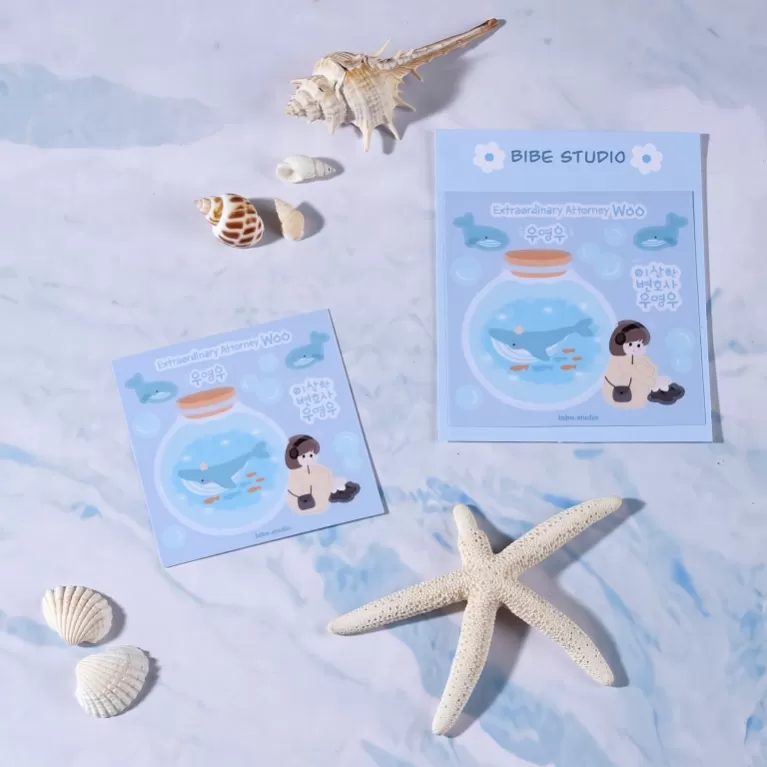 sticker nữ luật sư woo young woo, phụ kiện trang trí độc đáo, chất liệu bền vững, không bong tróc, họa tiết cô luật sư và chú cá voi