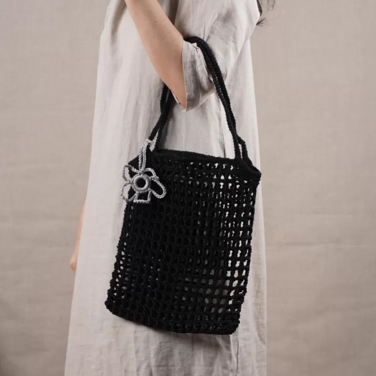 túi tote len camellia dạng lưới, chất vải canvas và cotton, họa tiết bông hoa đáng yêu, độ bền lâu dài, nghệ nhân, thom living, chus