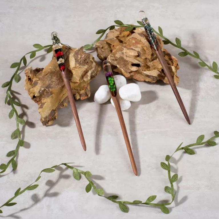 round-headed resin & wooden hair stick, elegant flower patterns, subtle colors, sturdy hardwood material, elegant accessory