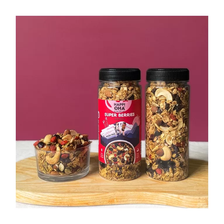 granola super berries happi oha, vị ngọt chua tự nhiên, ngũ cốc không đường, hạt ngũ cốc yến mạch, đồ ăn eat clean