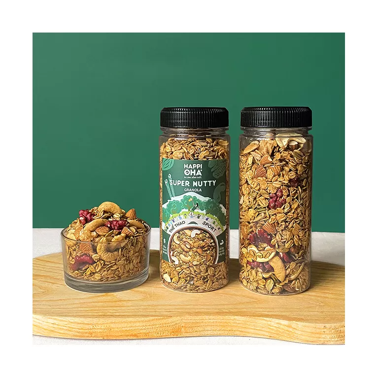granola super nutty happi oha, vị ngọt bùi, không quả khô, ngũ cốc siêu hạt, granola hỗ trợ ăn kiêng, granola ngọt tự nhiên