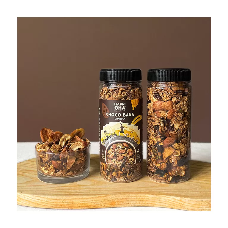 granola choco bana happi oha, vị ngọt đắng chua từ cacao ngòi, món ăn vặt dinh dưỡng, bữa sáng đầy đủ chất, granola vị cacao chuối