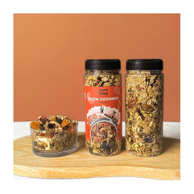 granola dozen goodness happi oha, vị gừng quế, nhiều trái cây, thực phẩm dinh dưỡng, ngũ cốc tốt sức khỏe, đồ ăn eat clean