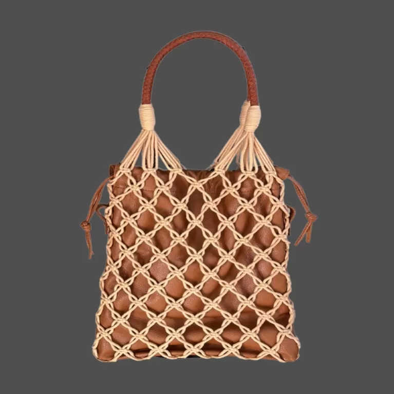 macramé latte bag, elegant and trendy color tone, made of sturdy sheweave rope, impressive design, unique fashion accessory