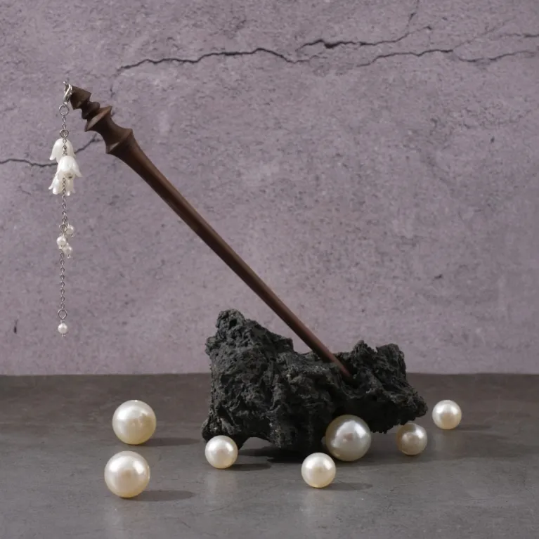 lily of the valley 2 dangle wooden hair stick, elegant hair accessory, delicate white orchid blooms, soft lines, handcrafted stick