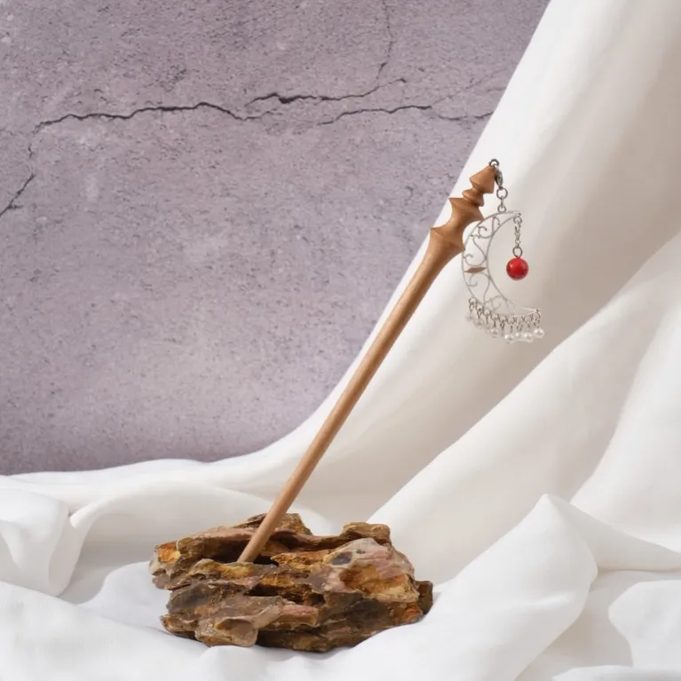crescent moon dangle wooden hair stick, elegant patterns, regal and elegant style, traditional beauty