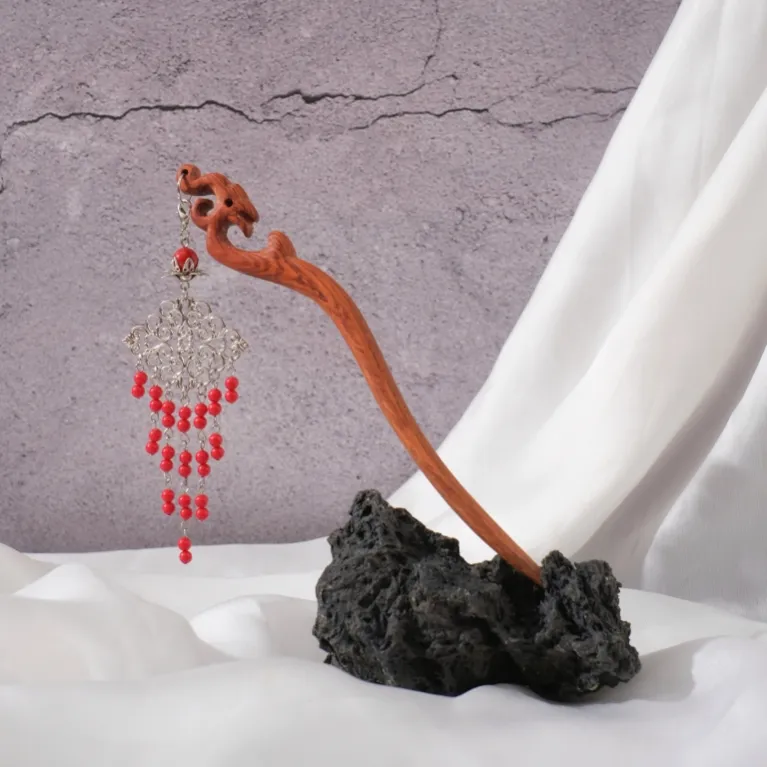 red pearl dangle wooden hair stick, impressive patterns, noble beauty, elegant hair accessory, exquisite attention to detail