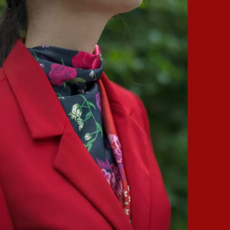 floral passion silk scarf, black patterned silk scarf, embroidered flower silk scarf, feminine style scarf, exclusive design scarf