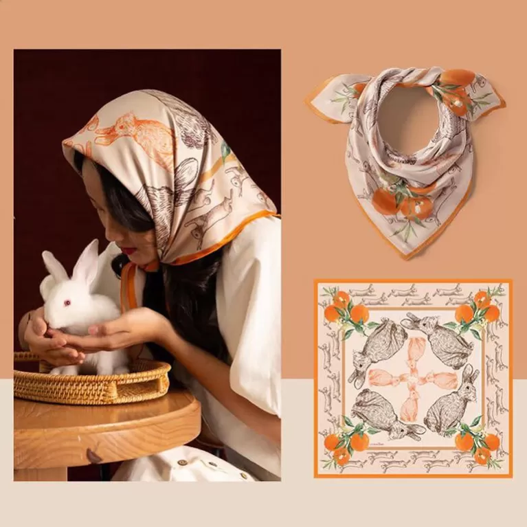 orange rabbit silk scarf, cream-colored silk scarf, art-designed silk scarf, head wrap scarf, fashionable neck scarf, gift for ladies