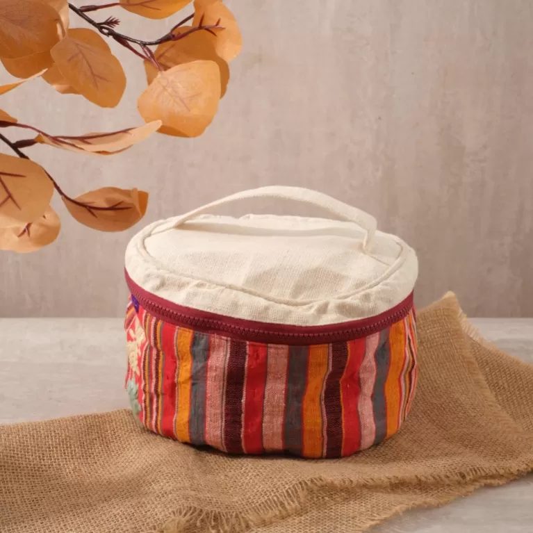 brocade box-shaped bag, cosmetic pouches, convenient travel accessories, spacious compartment, unique ethnic patterns