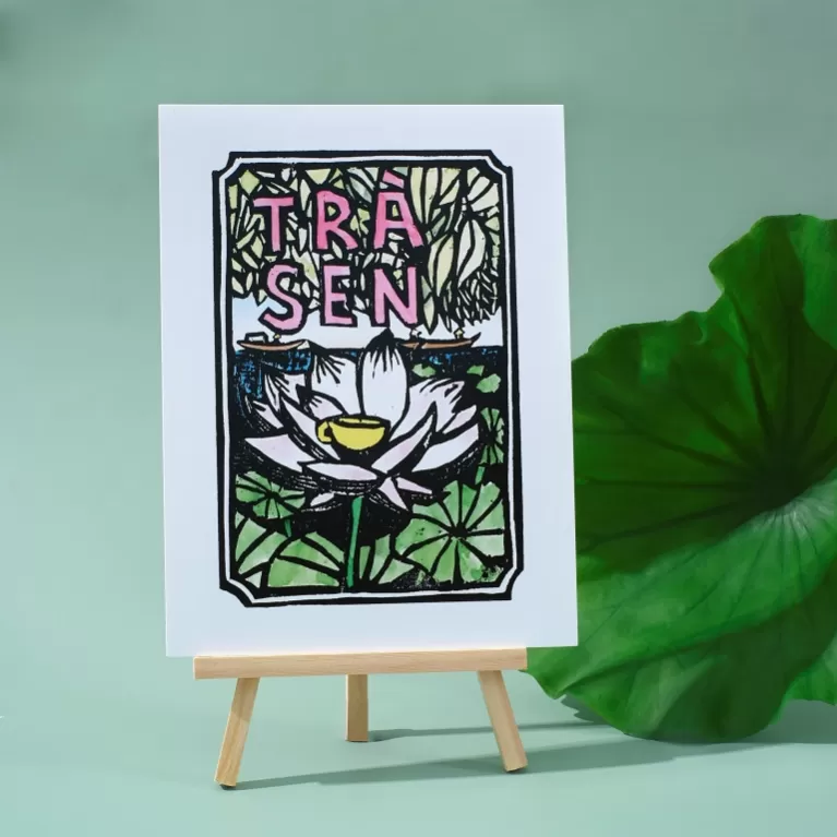 lotus tea, woodcut artprint, artistic perspective, blend of traditional and modern artistry.