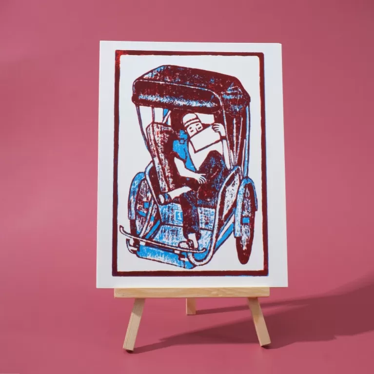 sleeping “xich lo” hoi an, woodcut artprint, simple beauty, work ethic charm, decorative painting, print artistry