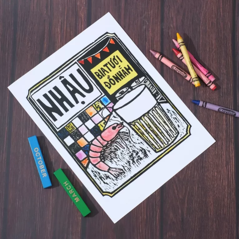 “nhau”, woodcut artprint, vietnamese culture, environmentally friendly materials, decorative art