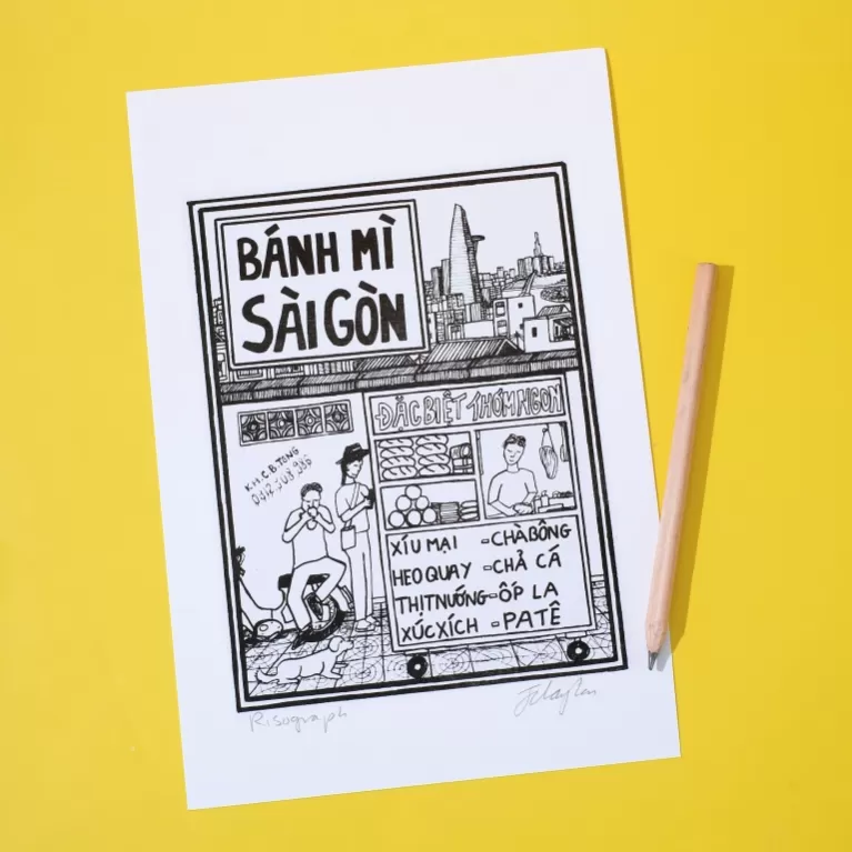 bánh mì sài gòn, tranh in từ tranh khắc gỗ, mô tả xe bánh mì truyền thống, khung cảnh sài gòn quen thuộc, tác phẩm nghệ thuật