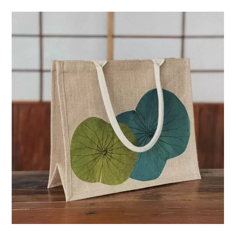 lotus-leaf jute bags, sturdy and durable material, beautiful lotus pattern, spacious storage compartment, exquisite handmade product