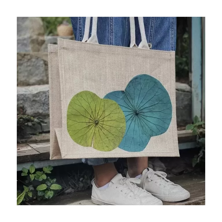 lotus-leaf jute bags, sturdy and durable material, beautiful lotus pattern, spacious storage compartment, exquisite handmade product