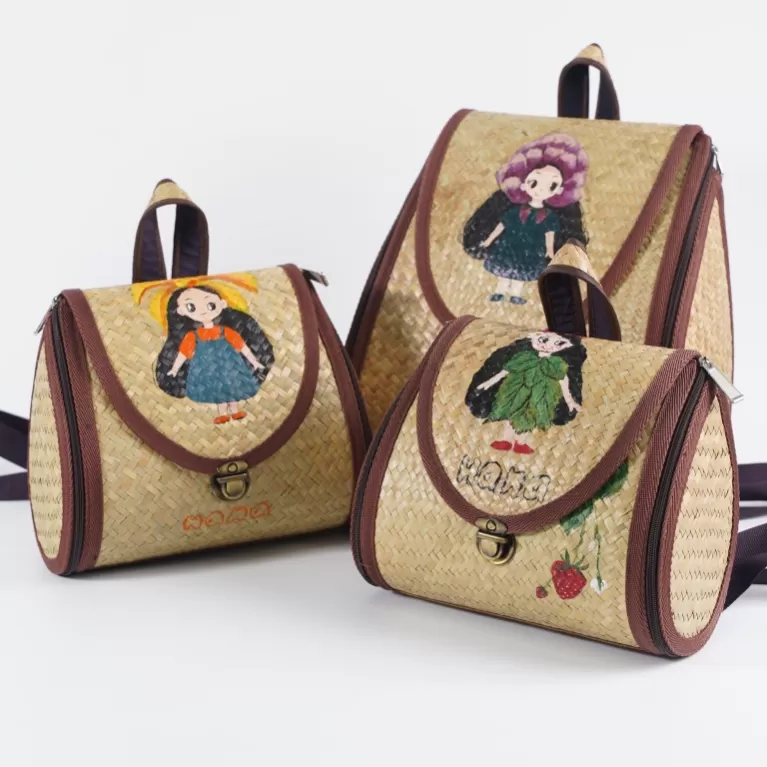 hana sedge backpack, spacious storage compartment, cute doll patterns, simple design, suitable for outings and strolls