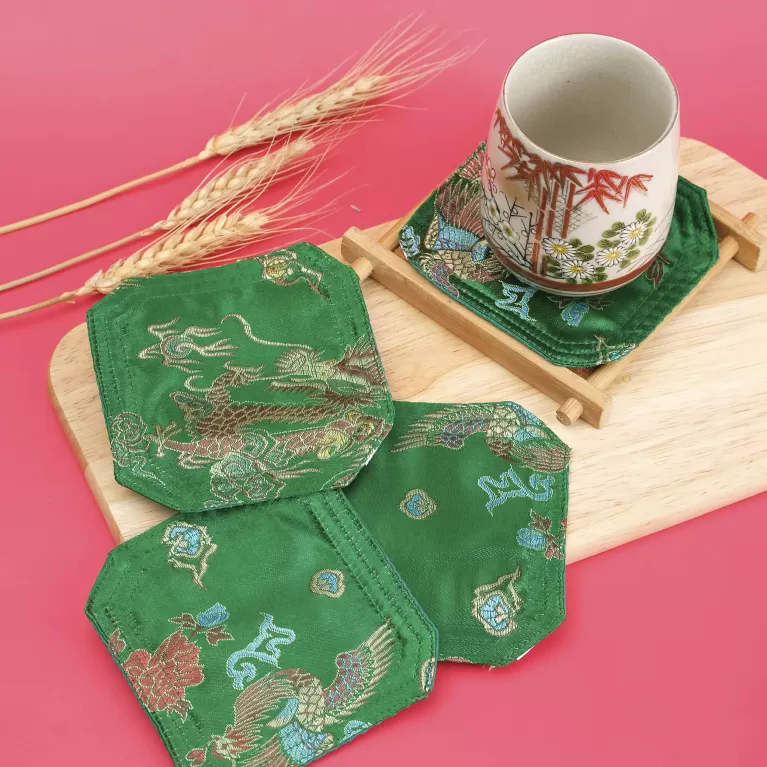 dragon & phoenix on green brocade coaster, courtly style, elegant and sophisticated color, elaborate and luxurious patterns