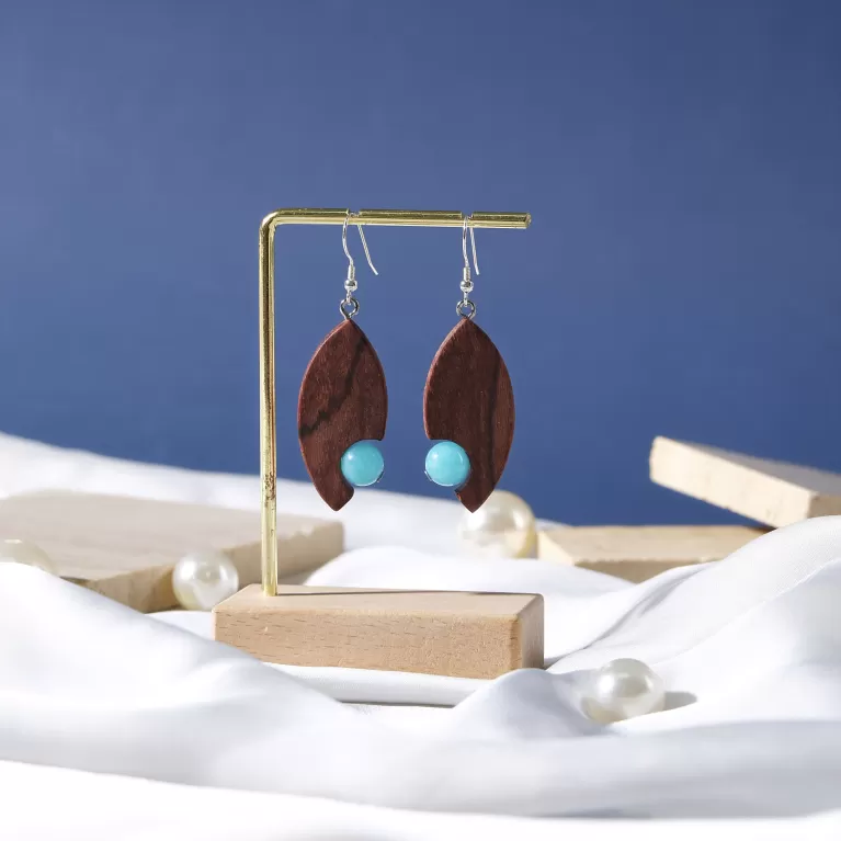 wooden and beads earrings, rustic wood material, unique statement piece, exquisite handcrafted detailing, handmade earrings