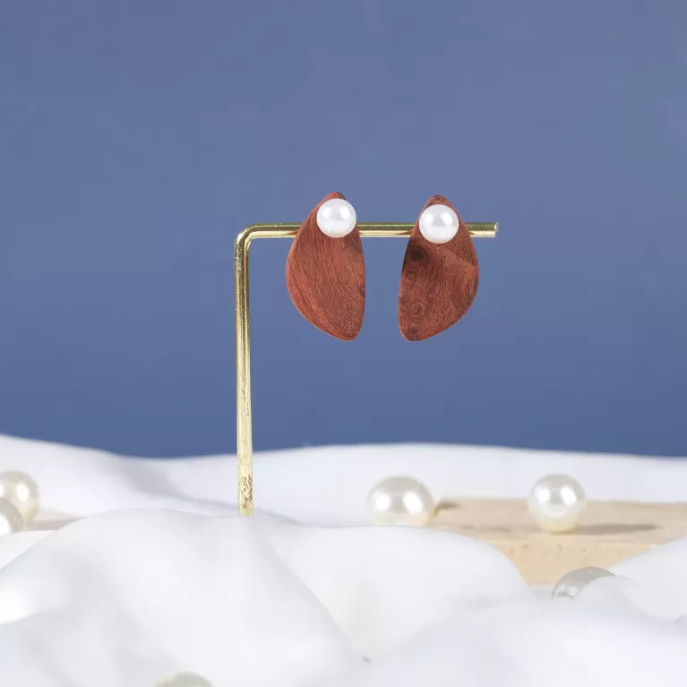 wooden & bead stud earrings, warm brown tone of wood, bold statement earrings, elegant accent, intricately handcrafted design