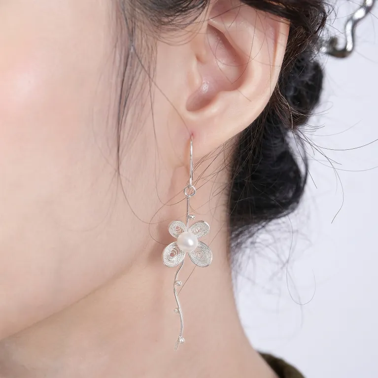 “hoa ngọc” silver earrings with freshwater pearl, perfect combination of silver and jade, safe silver material, romantic beauty
