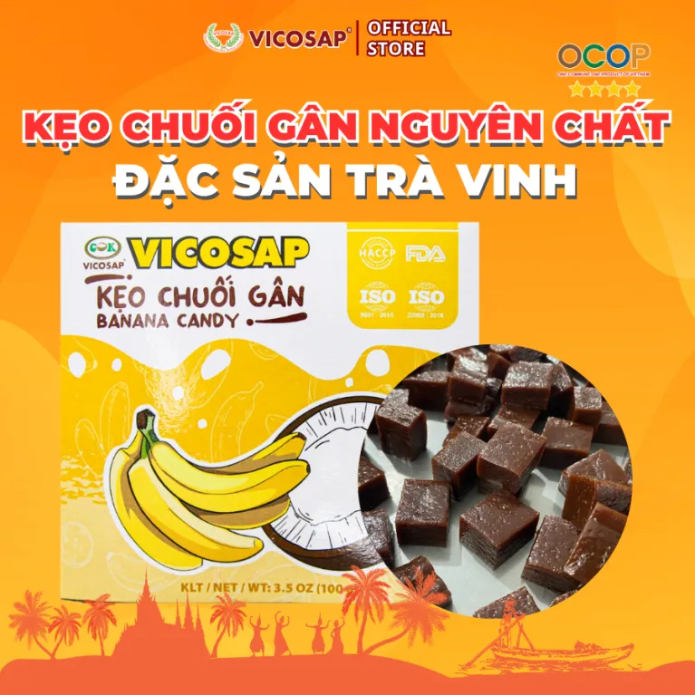 kẹo chuối gân, hộp 100g, kẹo chuối gân vicosap 100g, kẹo chuối trà vinh, đồ ăn vặt hấp dẫn, bánh kẹo ngon ngày tết