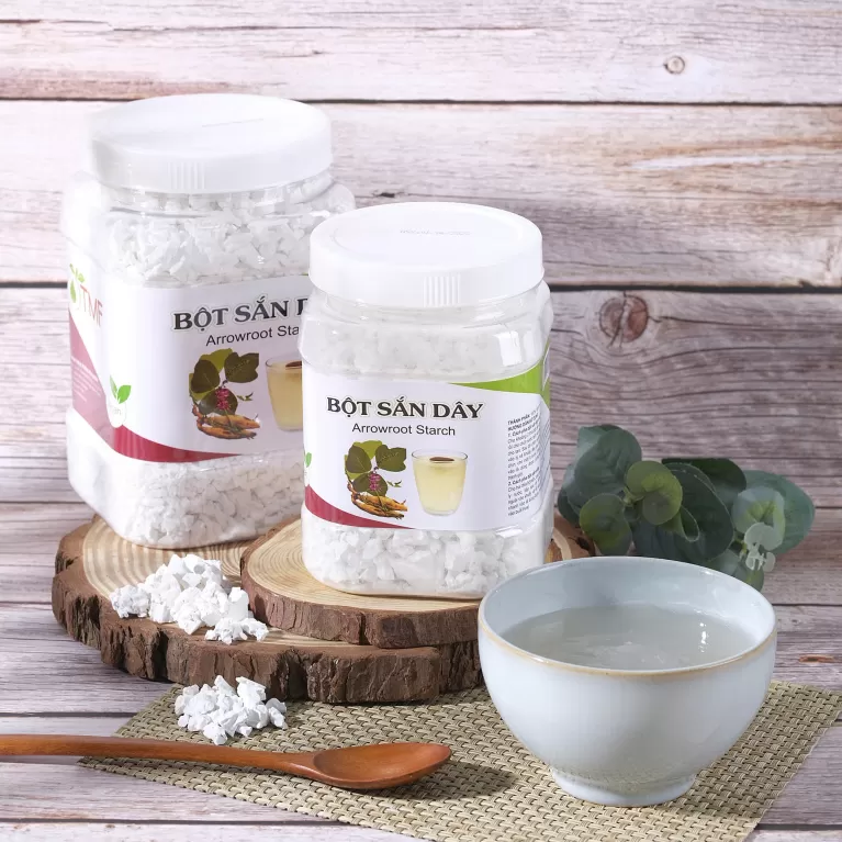 bột sắn dây, bột đa dụng, thuần chay, không chứa gluten, có thể dùng làm nước uống giải khát hoặc dùng pha nước sốt