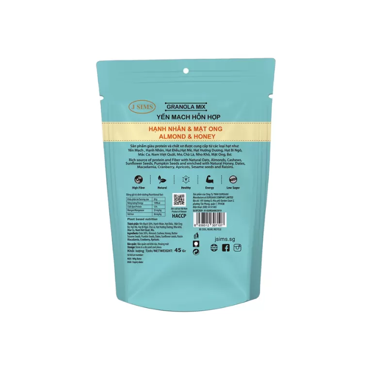 granola mix vị hạnh nhân và mật ong, gói mini 45g, bữa sáng dinh dưỡng, ngũ cốc yến mạch, đồ ăn vặt tiện lợi