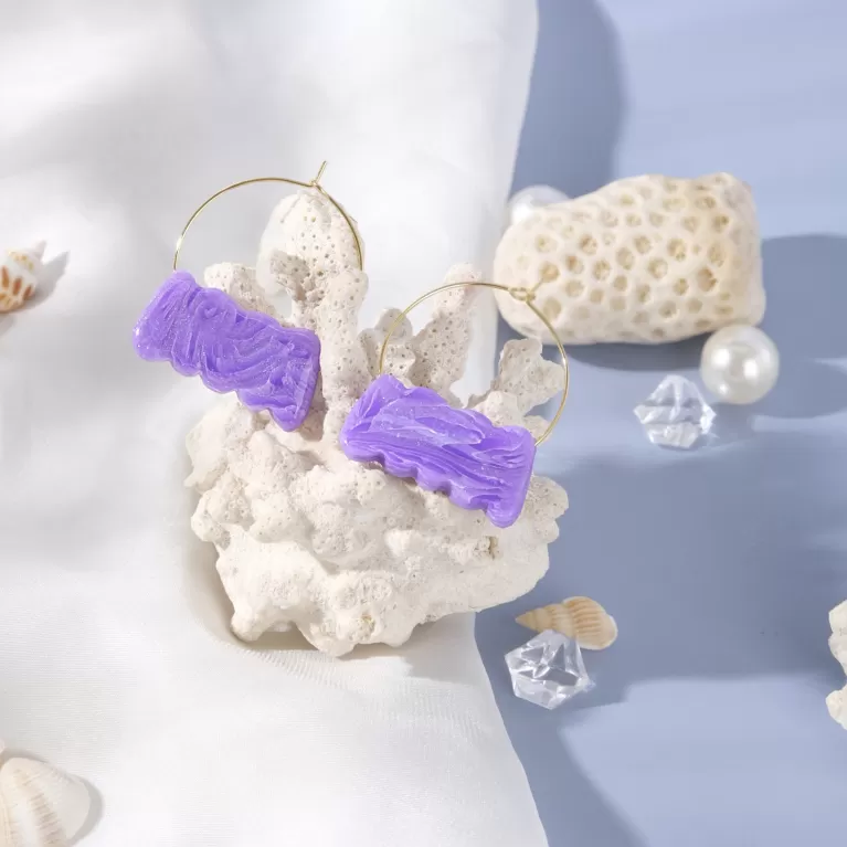 wave clay earrings, intricate clay design technique, vibrant colors, unique rectangular earring shape, comfortable to wear