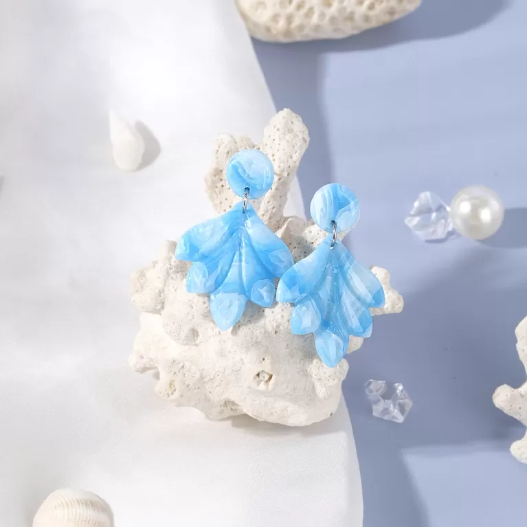 fan shape marble clay earrings, vibrant colors, unique feather-like design, inspired by the ocean, beach accessory