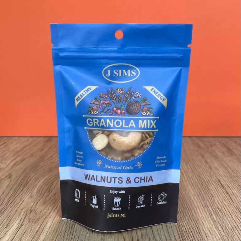 walnut and chia seeds granola mix, 45g mini bag, heart-healthy food, premium nuts, energy-boosting breakfast