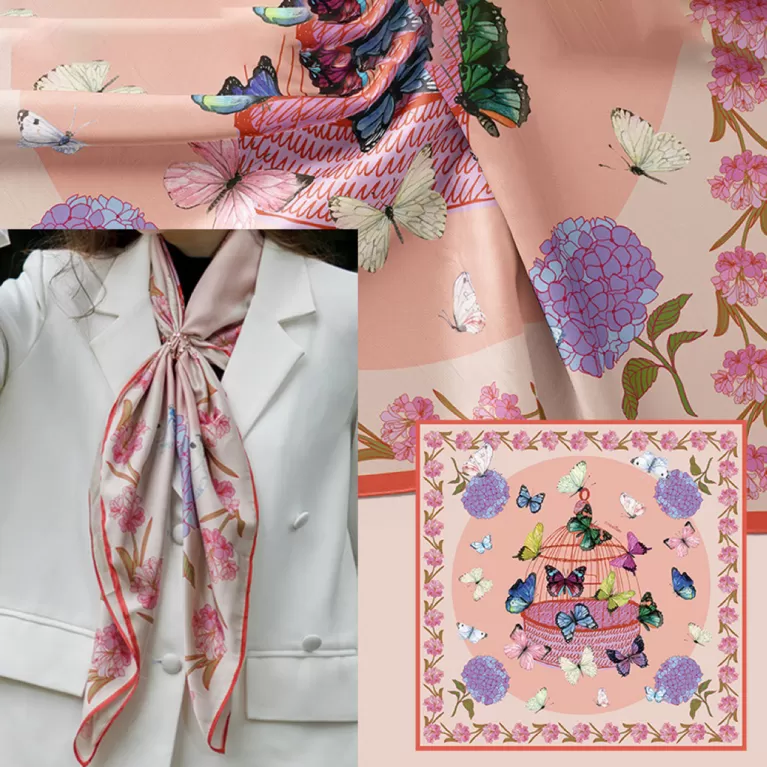 dreamy wings silk scarf, feminine pink silk scarf, butterfly-print silk scarf, premium designed scarf, versatile satin silk scarf