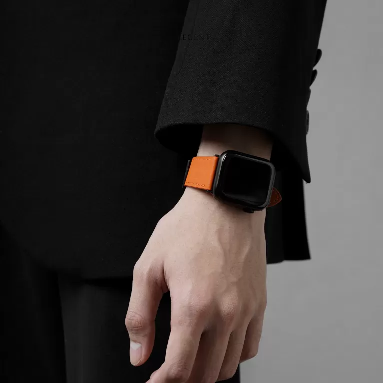 orange black swift calfskin handcrafted watch strap, luxurious and youthful style, soft calf leather, easy to clean, striking tone