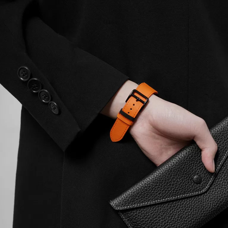 orange black swift calfskin handcrafted watch strap, luxurious and youthful style, soft calf leather, easy to clean, striking tone